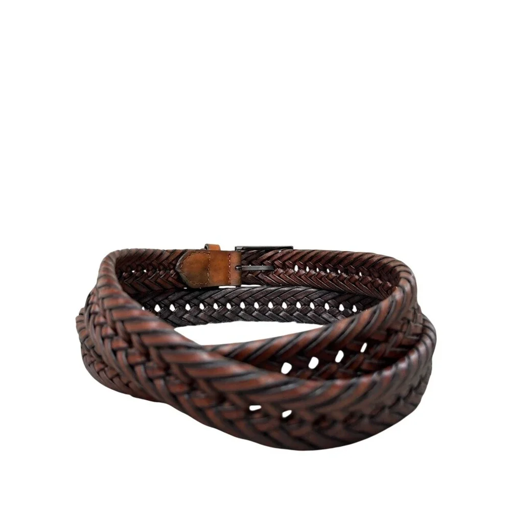 Club Room Mens Brown Woven Braided Leather Belt Gunmetal Buckle Size XL 49 Inch